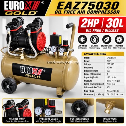 EUROX GOLD EAZ75030 2HP 30L Oil Free  Oilless Air Compressor Kompressor 8Bar 2850RPM
